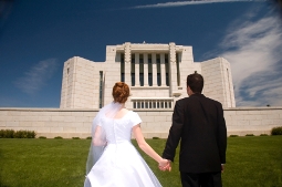 A bride and groom at a Latter-day Saint Temple