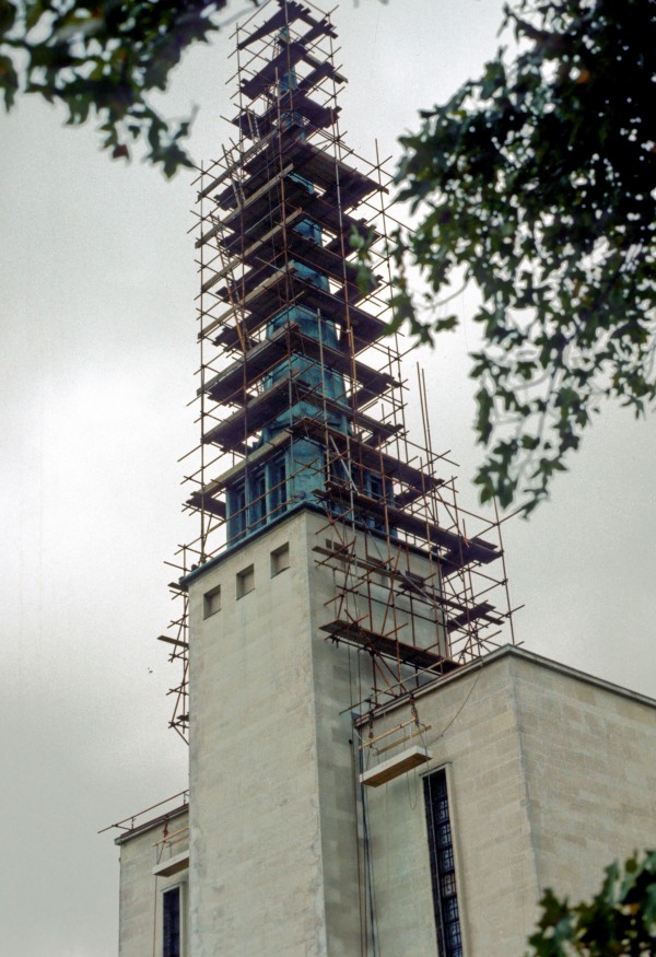Work on the London Mormon Temple spire in the late 1970s